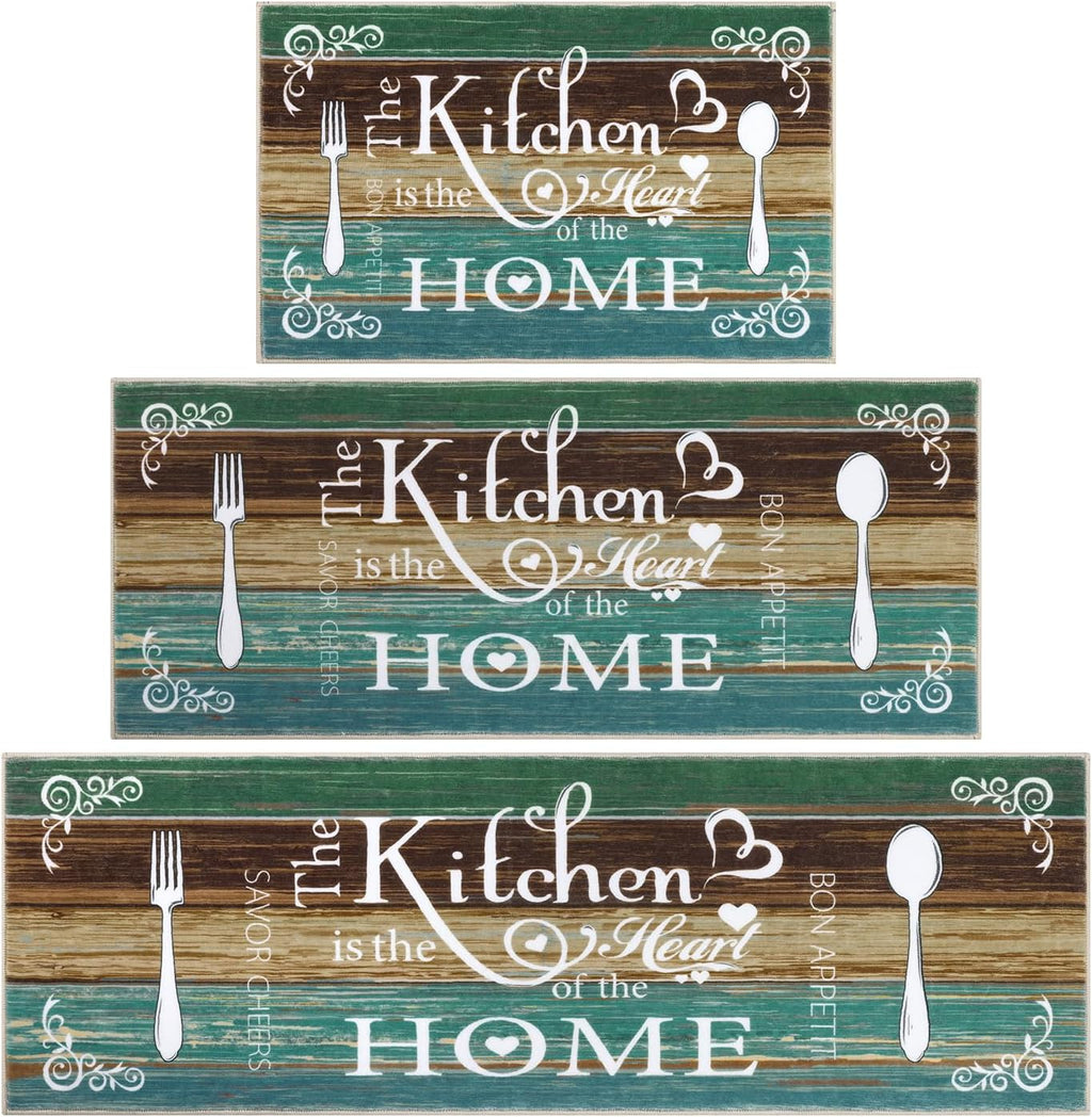 Vaukki Boho Kitchen Rug Sets 3 Piece,Teal Washable Kitchen Mat for Floor