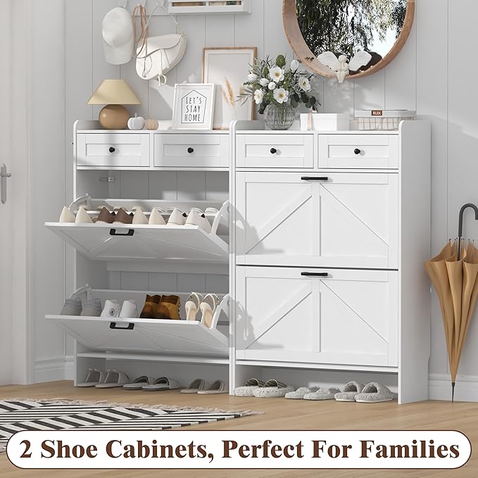 Shoe Cabinet with 2 Flip Drawers & 2 Storage Drawers, Rustic Farmhouse Narrow