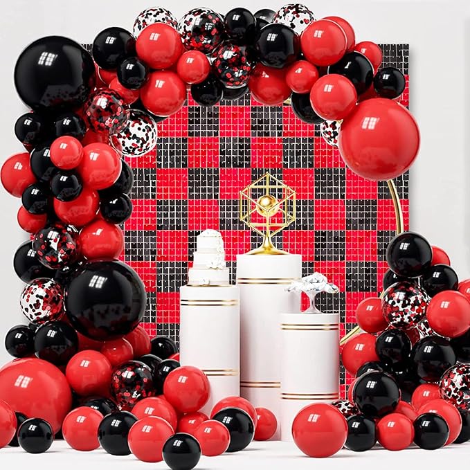 24PCS Black Red Shimmer Wall Backdrop, Square Sequin Photo Backdrops Panel, Glitter Wall Background for Birthdays, Weddings, Christmas, Halloween, Disco Bachelorette Party Decor (4FTx6FT)