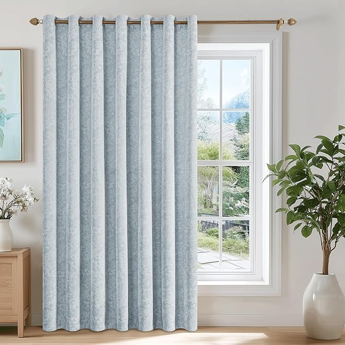Beauoop Blue Floral Jacquard Blackout Curtains 84 Inches Long
