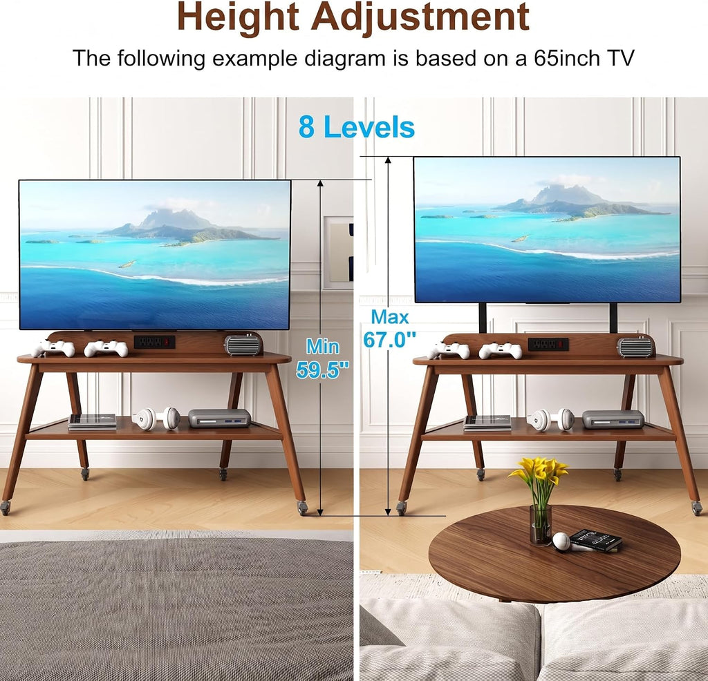 Solid Wood Rolling TV Stand with Power Outlet, Mobile TV Stand