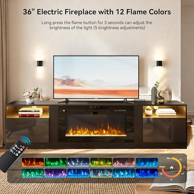 YISUFO 80” TV Stand with 36” Electric Fireplace, Large Modern Media