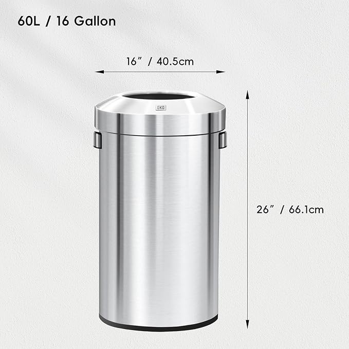 EKO 16-Gallon Round Stainless Steel Open Top Trash Can, Large Commercial Waste