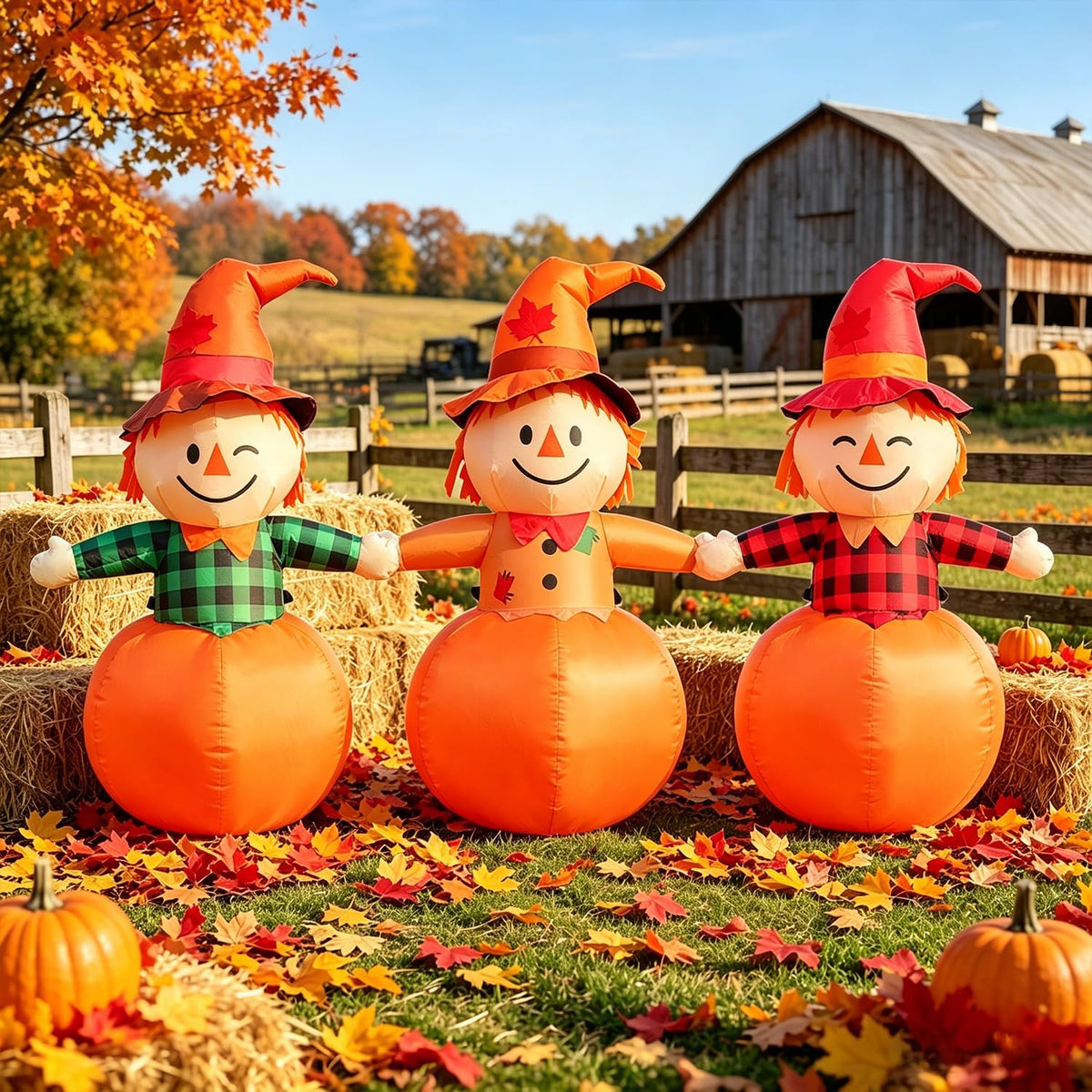 DomKom 6ft Fall Outdoor Inflatable Scarecrow Decoration, Halloween Thanksgiving Yard Decoration with Built-in Lights Blow Up Decor for Lawn, Garden, Party