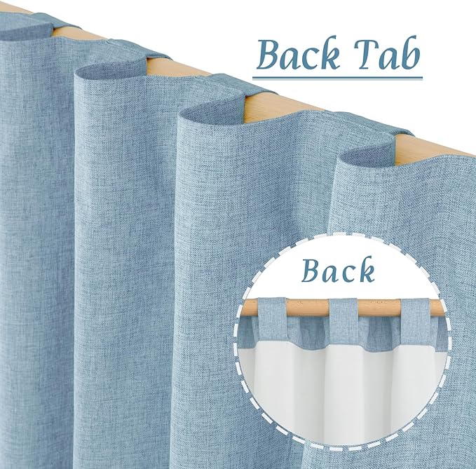 LAMIT 100% Blackout Stone Blue Linen Curtains, 63 Inches Linen Textured Thermal