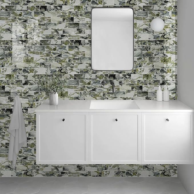 Vamos Tile 100-Piece Glossy Ice Green Peel and Stick Backsplash Tile, Stick on