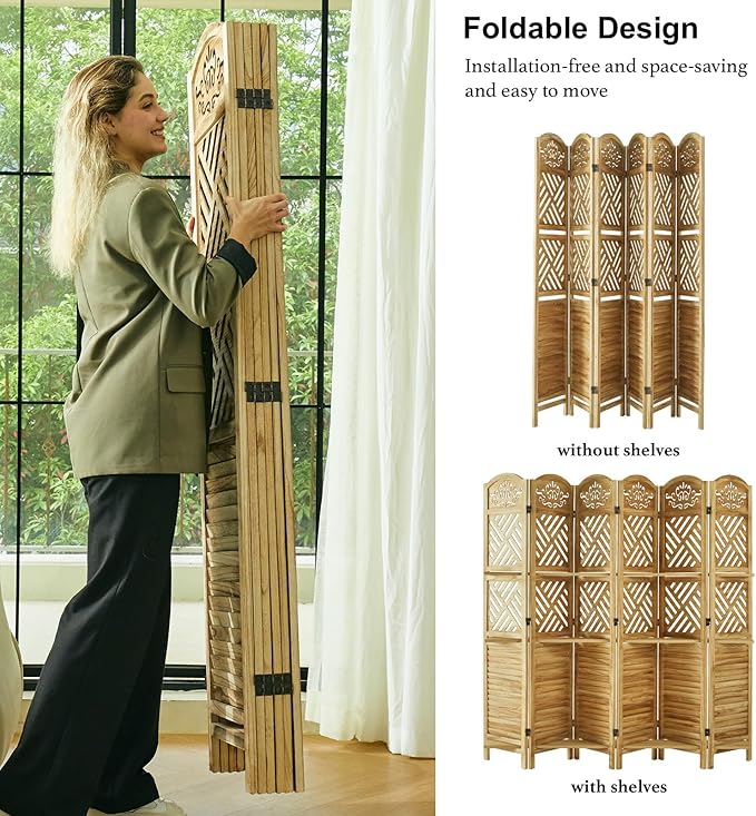 Svimi Room Divider with Shelves, 68.9inch Wood Carved and Louvered Wall Divider