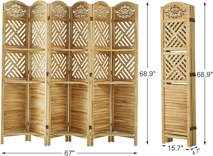 Svimi Room Divider with Shelves, 68.9inch Wood Carved and Louvered Wall Divider
