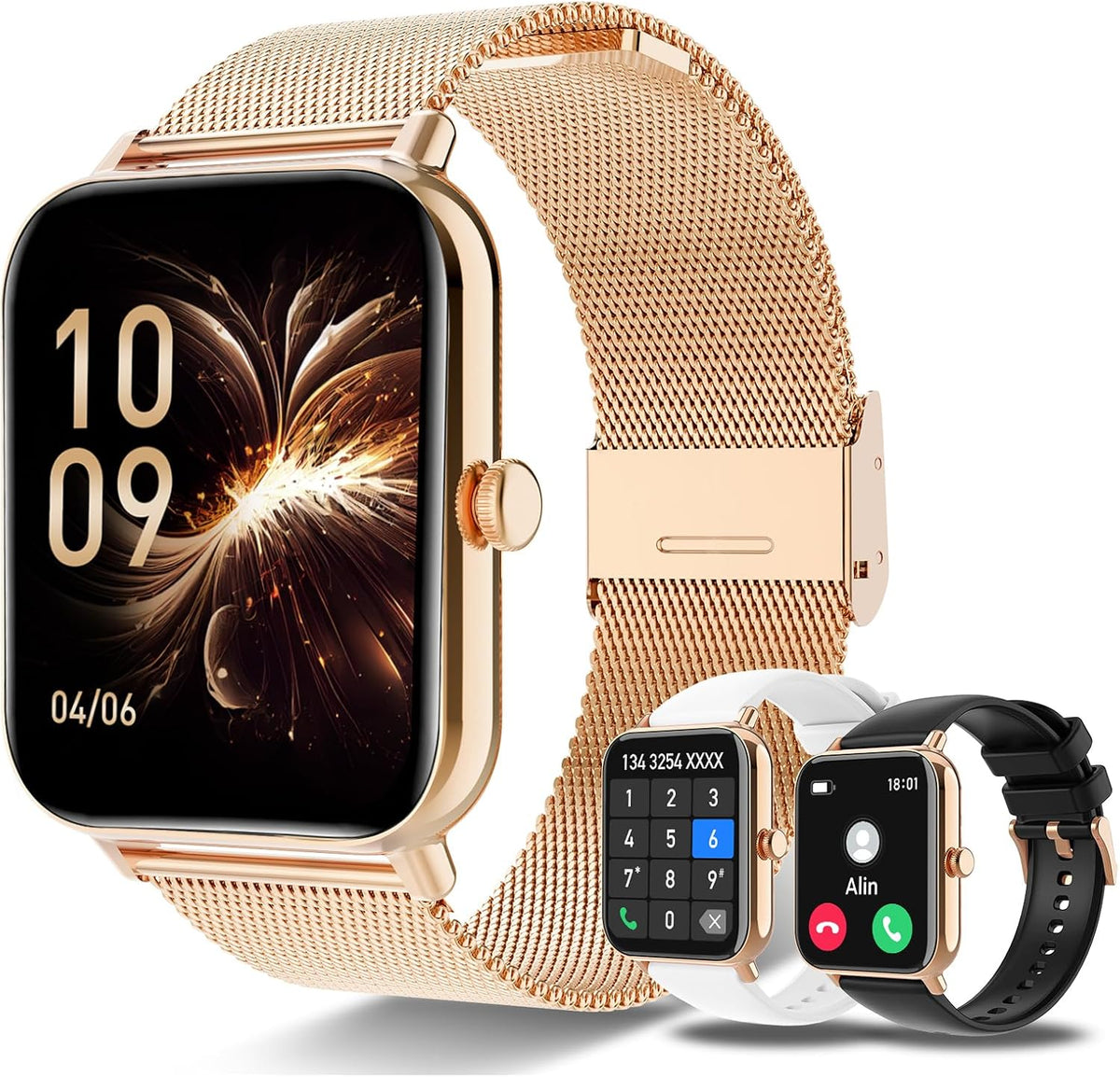 Smart Watch for Women Men (Answer/Make Calls) 1.85" HD Rose Gold/3 Bands