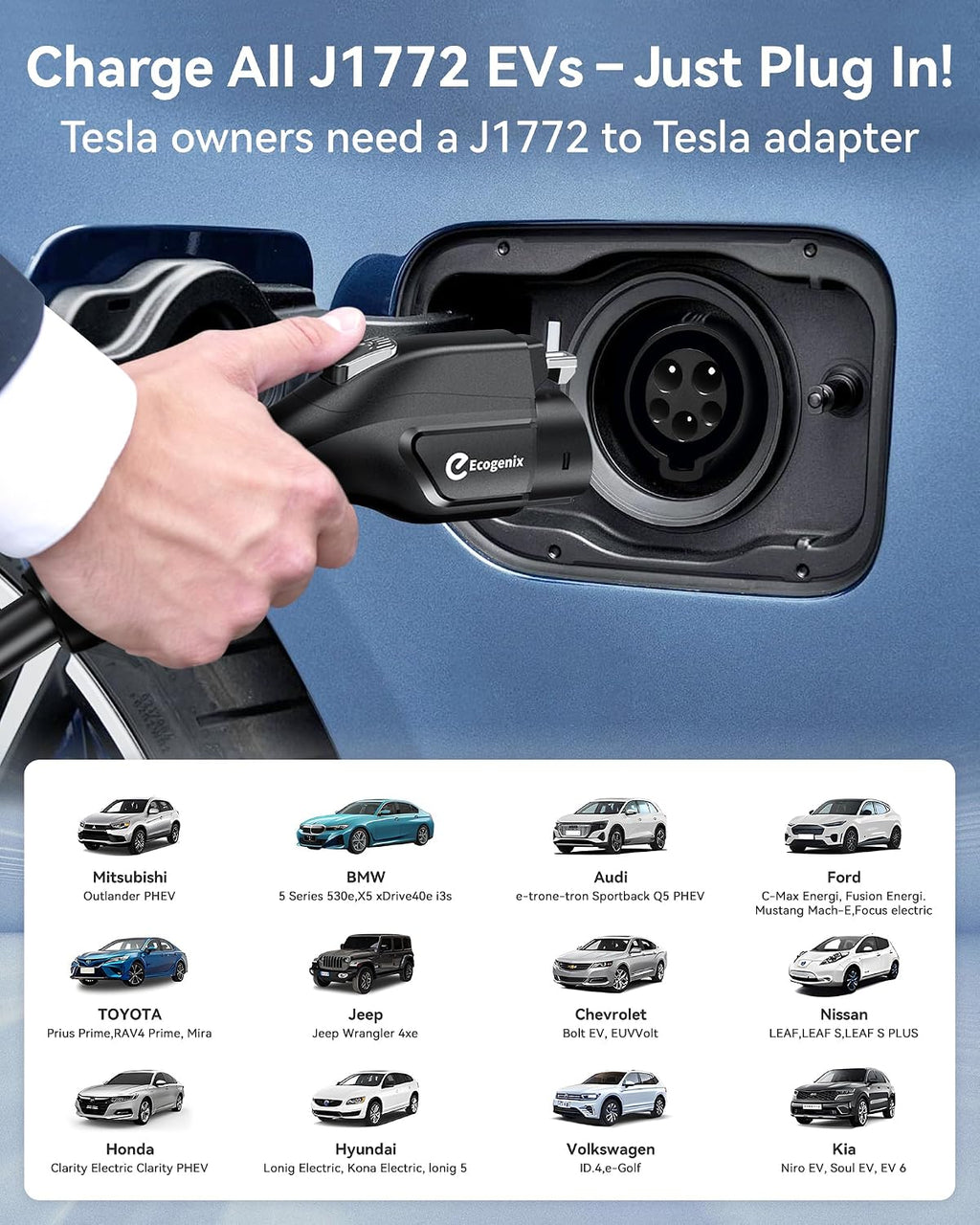 Ecogenix Level 1/2 EV Charger with Holder, 16A 25ft Cable Portable Mobile J1772 Charger, 110-120V 5-15 & 6-20 Plug, Home/Outdoor Charging Stations for All J1772 EV and Hybrid Vehicles