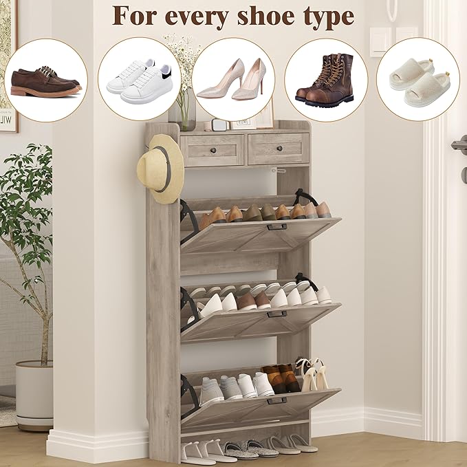 Shoe Cabinet with 3 Flip Drawers & 2 Storage Drawers, Rustic Farmhouse Narrow