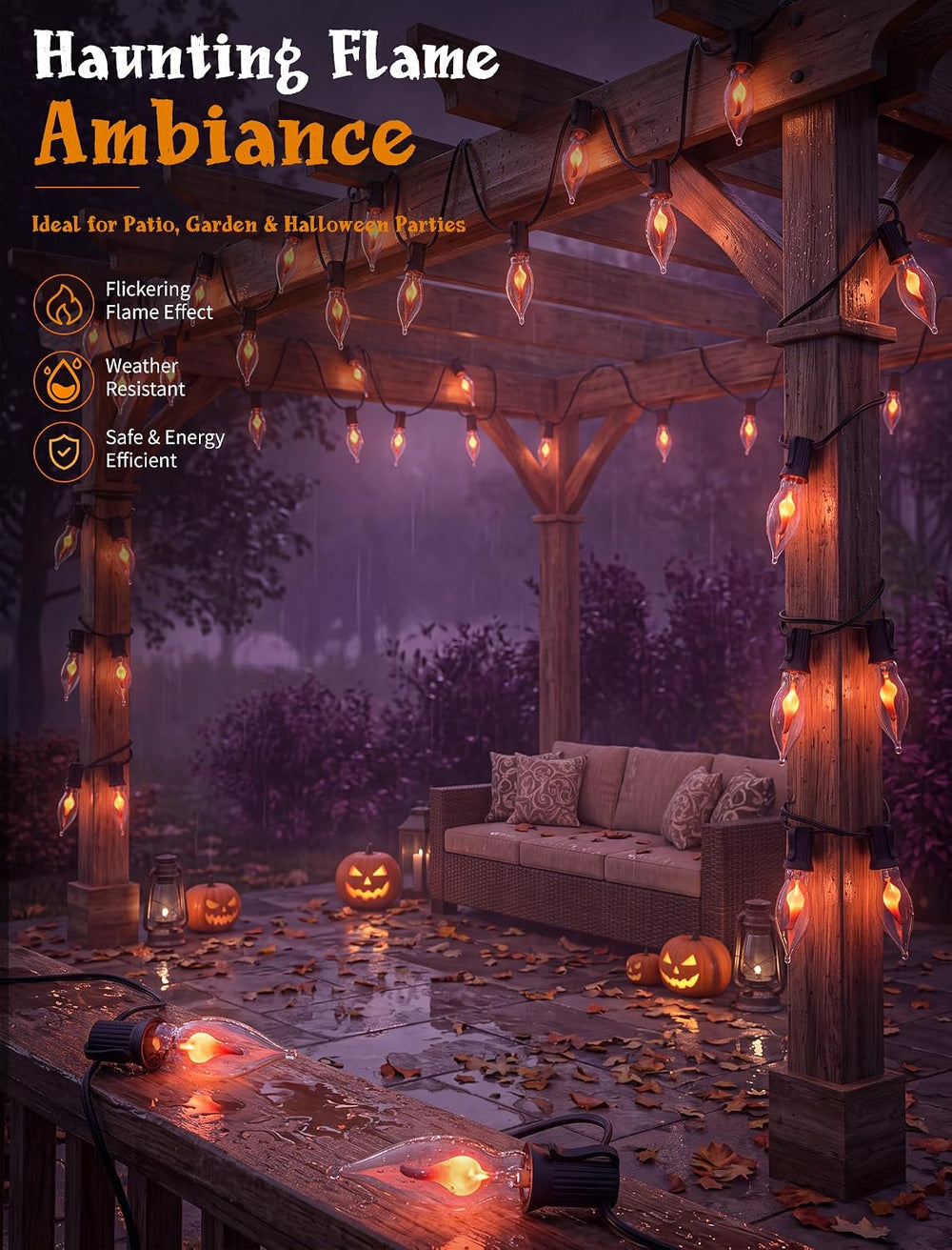 25Ft C18 Flickering Flame String Lights, Outdoor Halloween Decorations