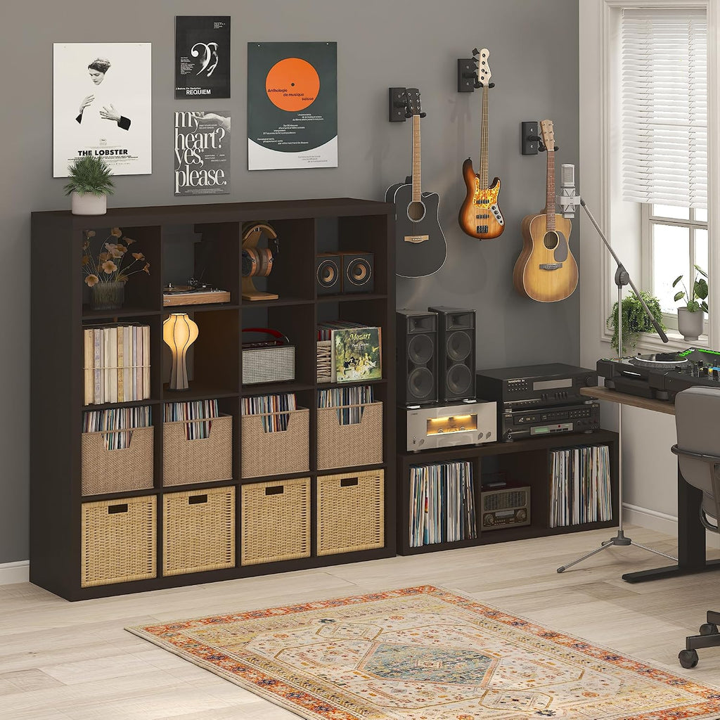 Furinno Cubicle Record Player Stand, 3-Cube Record Storage, Dark Oak
