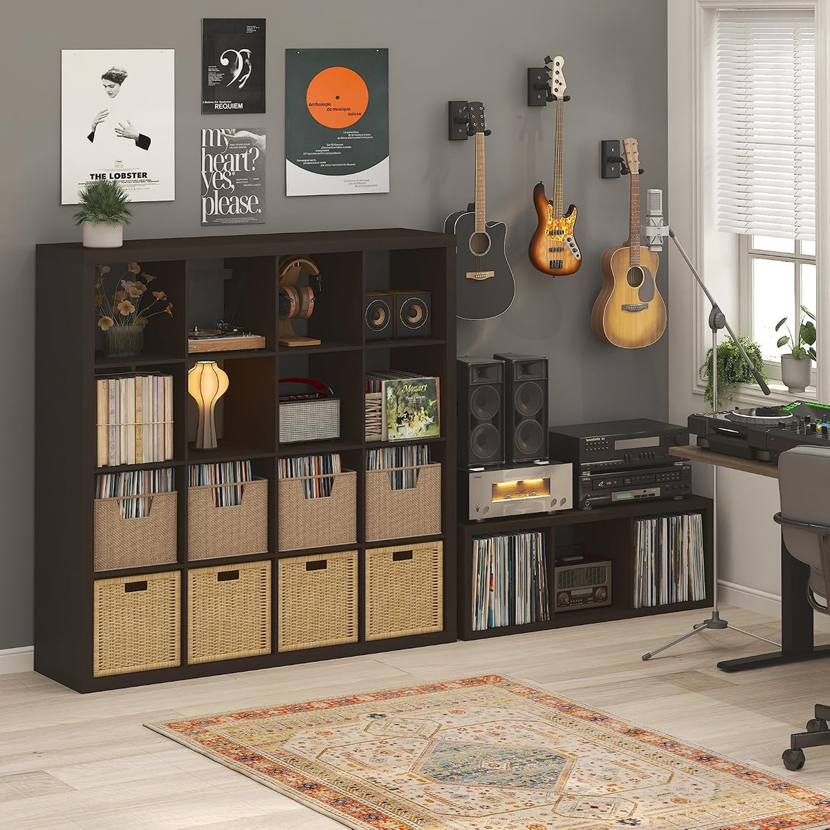 Furinno Cubicle Record Player Stand, 3-Cube Record Storage, Dark Oak