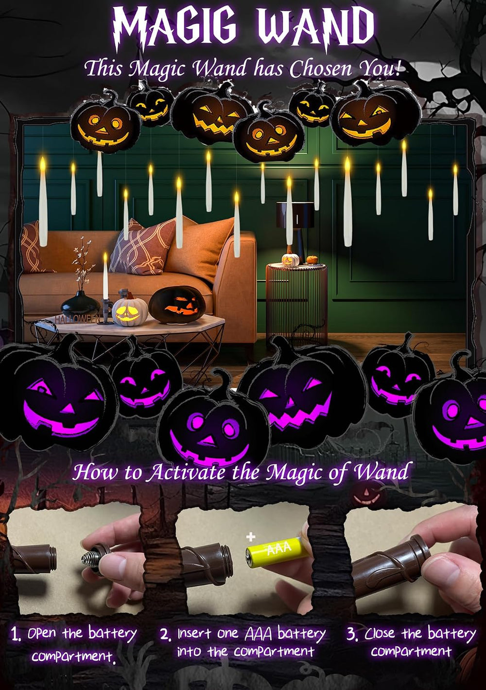 24 Floating Candles with Wand & 25 AAA Batteries Halloween Decor