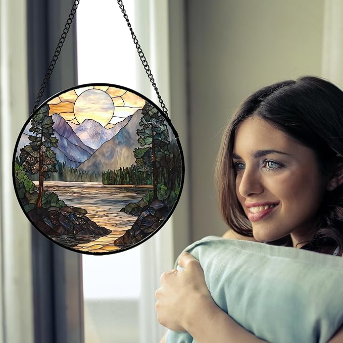 AMDERVEN Stained Glass Window Hanging, Sunset Mountains Lake Tree Sun Catcher