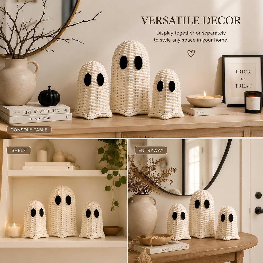 Geelin White 3 Pcs Halloween Rattan Wicker Ghosts Decoration Cute Farmhouse Ghost Figurines for Table Tray Shelf Desk Tiered Tray Centerpieces Indoor Tabletop Halloween Decor