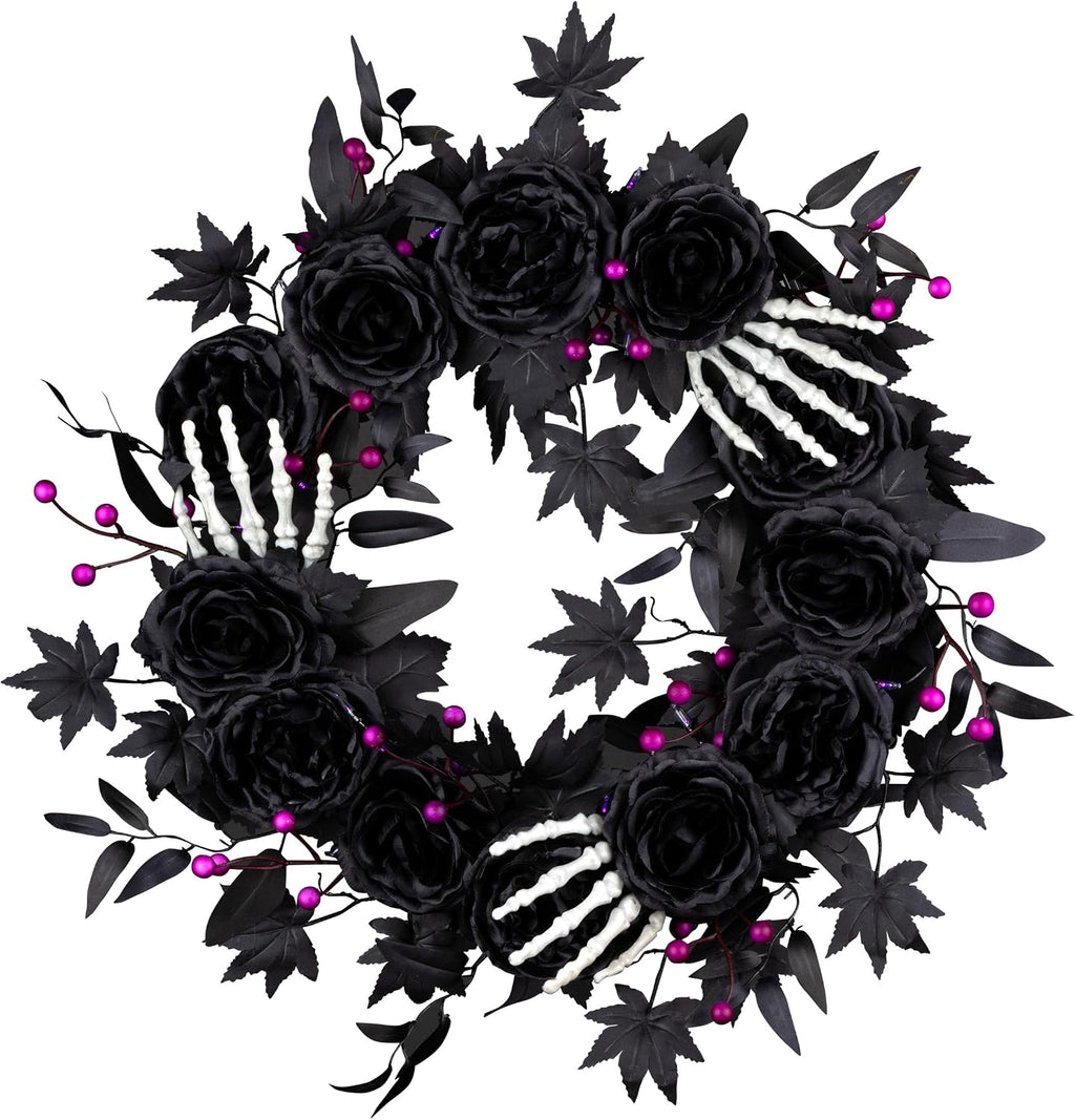 National Tree Company, 24inch Artificial Bad to The Bone Halloween Wreath, 30 Purple LED Lights,
