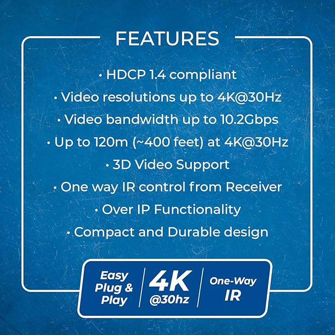 OREI 4K HDMI Extender Over IP CAT6-4K@30Hz One to Many Upto 400 Feet, Loop Out