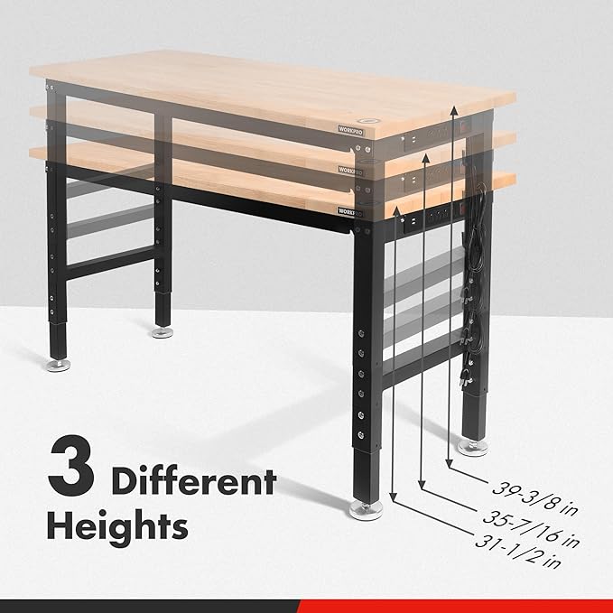 WORKPRO 48" Adjustable Workbench, Rubber Wood Top Heavy-Duty Workstation