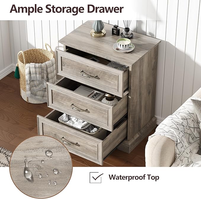 Nightstand with 3 Large Drawers, Rustic Farmhouse Wood Small Dresser, Bedside