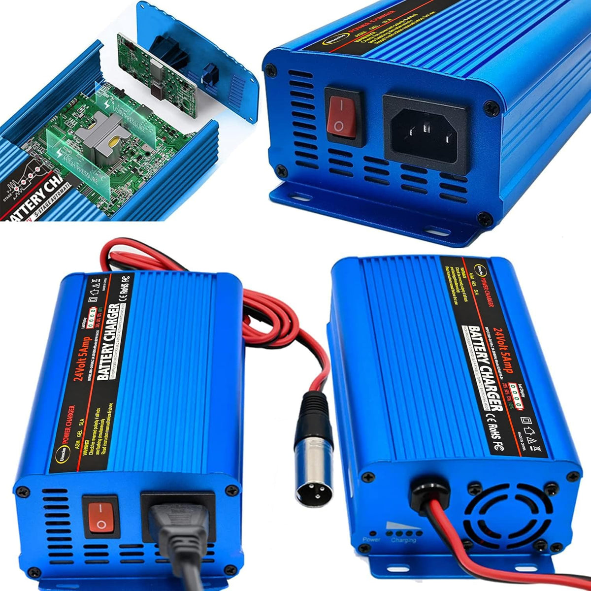 Unocho 24V 5A Battery Charger 4-Stage Smart Lead-Acid Charger with 3-Pin XLR Connector Power Switch and LED Display for Wheelchairs Mobility Scooters AGM Gel SLA VRLA
