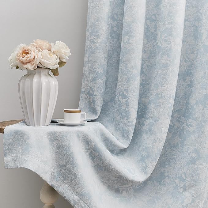 Beauoop Blue Floral Jacquard Blackout Curtains 72 Inches Long 2 Panels