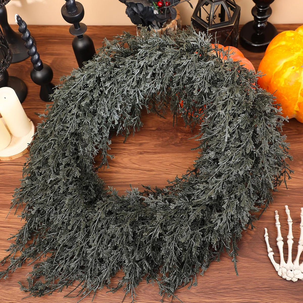 Yunlly 25" Dark Green Halloween Wreath for Front Door, Gothic Style