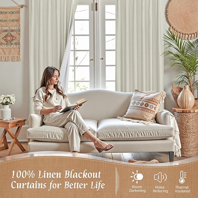 LAMIT Natural 100% Blackout Linen Curtains, 54 Inches Linen Textured Thermal