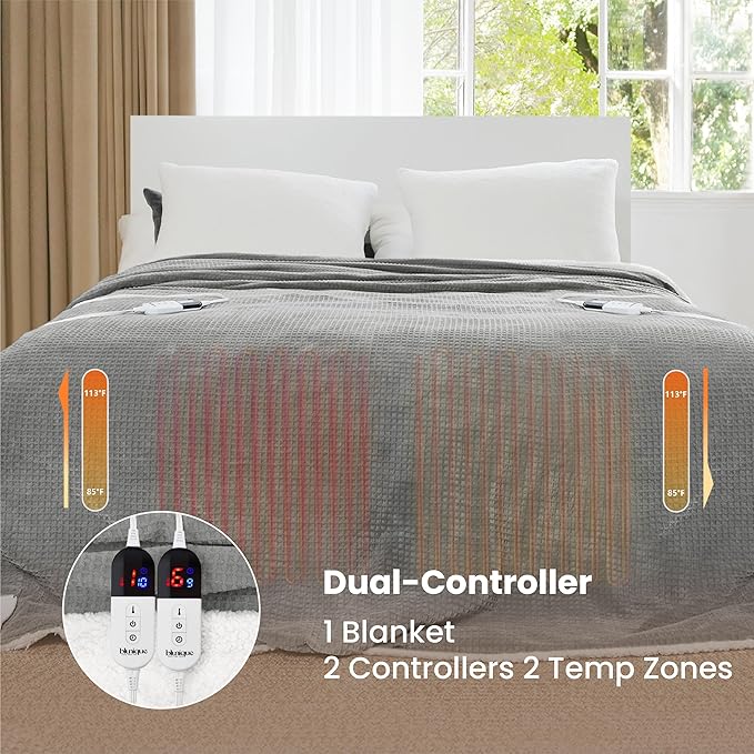 Heated Blanket Electric Blanket Queen Waffle, 84x90 Inches Sherpa Fleece Fast