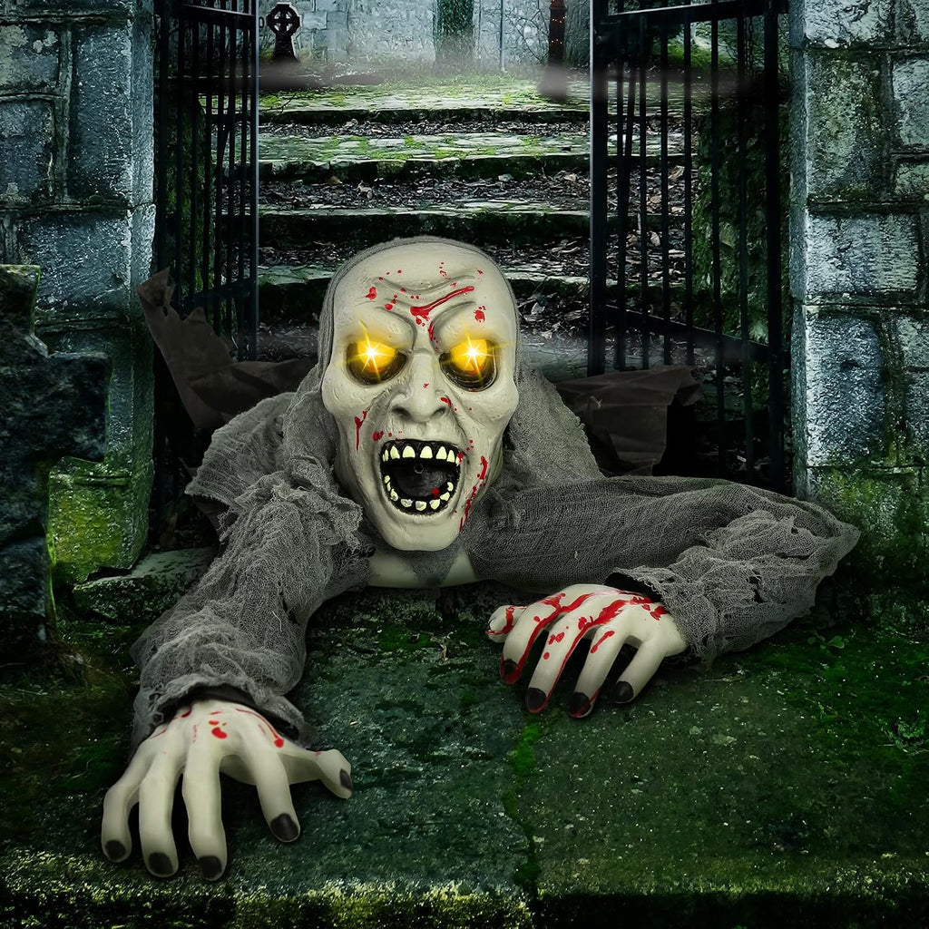 JOYIN Halloween Decorations Outdoor Light-Up Zombie Groundbreaker with bloodstain and Creepy Sound for Halloween Outside Decor Lawn Yard Patio Graveyard Decoration, Haunted House Prop