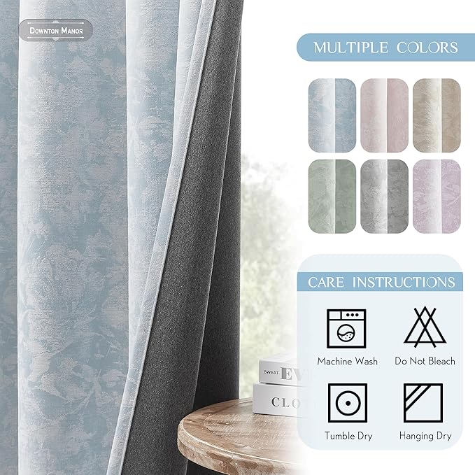 Beauoop Blue Floral Jacquard Blackout Curtains 84 Inches Long 2 Panels