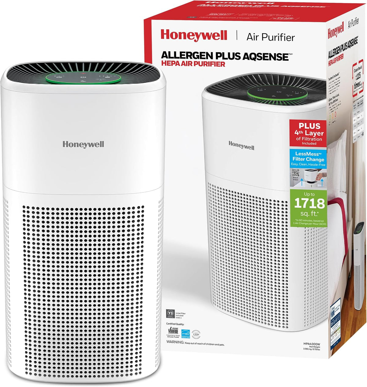 Honeywell Allergen Plus 4-in-1 HEPA Air Purifier for Home, Up to 1718 Ft² Coverage for Large Rooms, Reduces Allergens, Pet Dander, Smoke & Odors, Air Quality Sensor with Auto Mode, White, HPA4300W