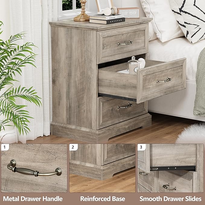 Nightstand with 3 Large Drawers, Rustic Farmhouse Wood Small Dresser, Bedside