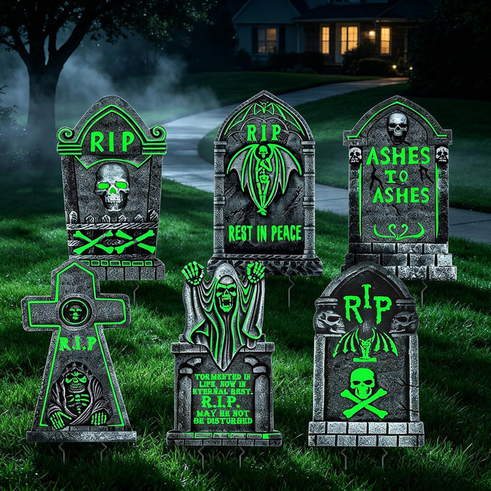 6 Pack Halloween Tombstone Decorations Glowing in The Dark, 25"x16" Plastic Graveyard Grave Markers with Stakes, Waterproof Durable Outdoor Lawn Yard Decor for Haunted House Party