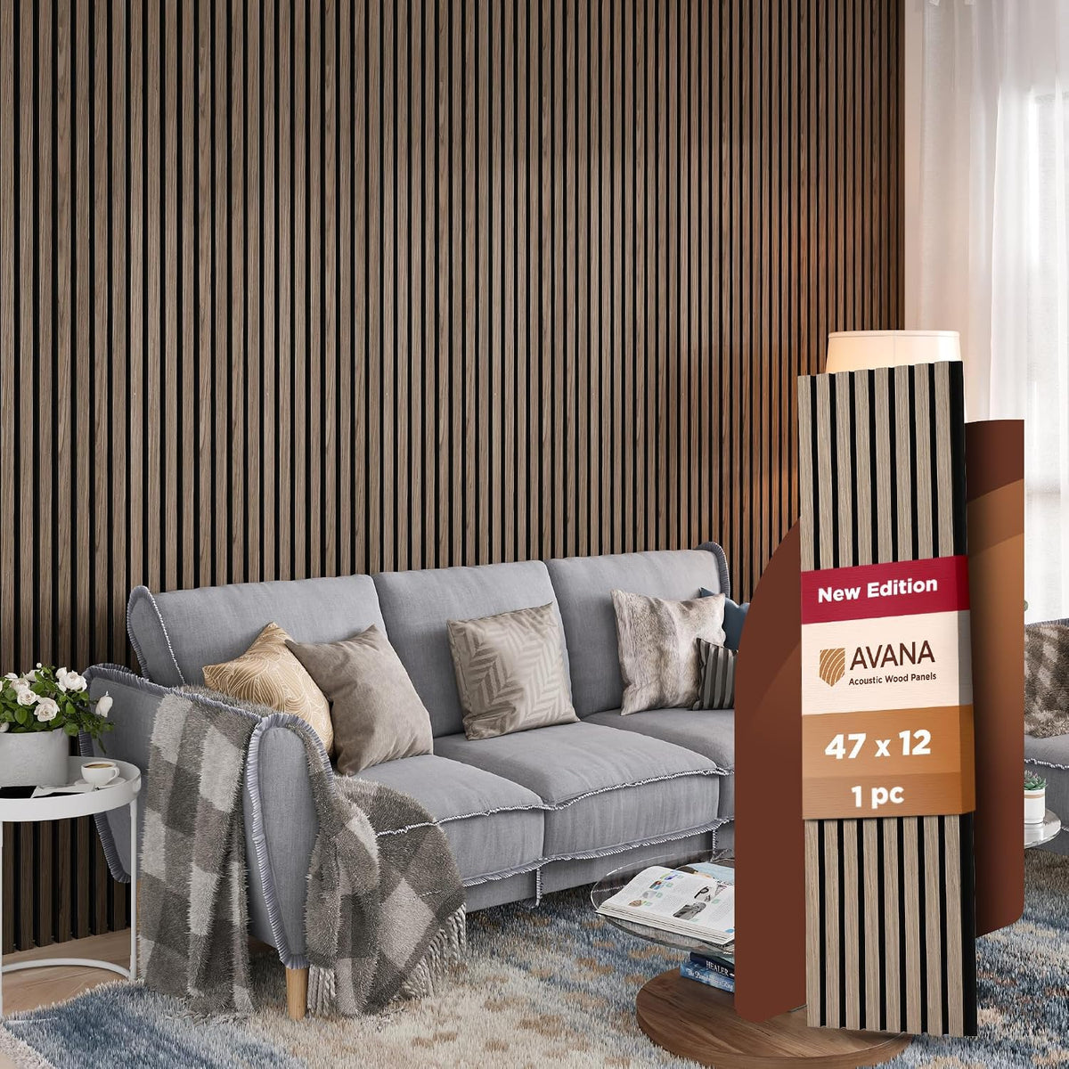 Avana Modern Acoustic Wood Wall Panels – 47.2 X 12.6 Inch Walnut Acoustic Panels 1 PC – Wall Panels for Interior Wall Decor for Homes, Offices, Studios – Sturdy and Durable Wood Panels for Wall