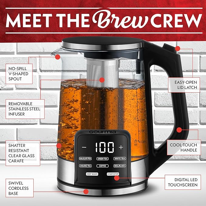 Gourmia Electric Programmable Glass Kettle – 1.7L Temperature Control Tea &