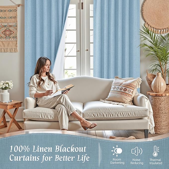 LAMIT Stone Blue 100% Blackout Linen Curtains, 84 Inch Linen Textured Living