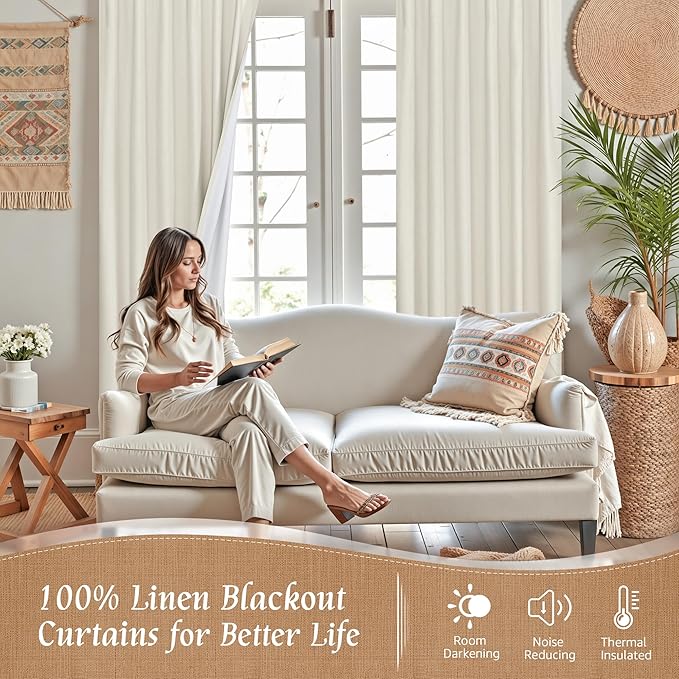LAMIT Natural 100% Blackout Linen Curtains, 84 Inches Linen Textured Thermal