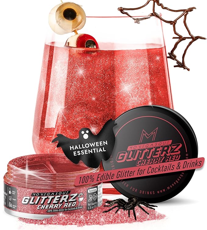MONÉGASQUE Cherry Red Edible Glitter for Drinks 10g – Red Edible Glitter for Cakes & Cupcakes - Champagne & Cocktail Drink Shimmer Flakes - Halloween Food Decorating Sprinkles & Cake Decorations Spray