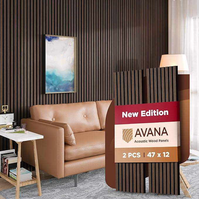 Avana Acoustic Wood Wall Panels – 47.2 x 12.6 Inch Dark Walnut Oak Acoustic (2 PCs)