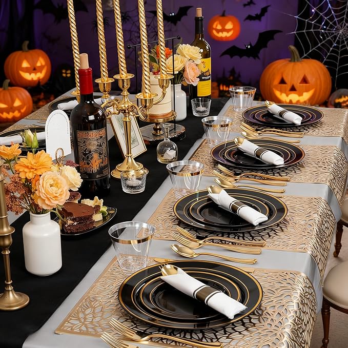 350 Pieces Black and Gold Plastic Plates with Disposable Silverware, Include 50 Dinner Plates 9”, 50 Dessert Plates 6.3”, 50 Black Cups 9 OZ, 50 Pre Rolled Napkins for Halloween new year