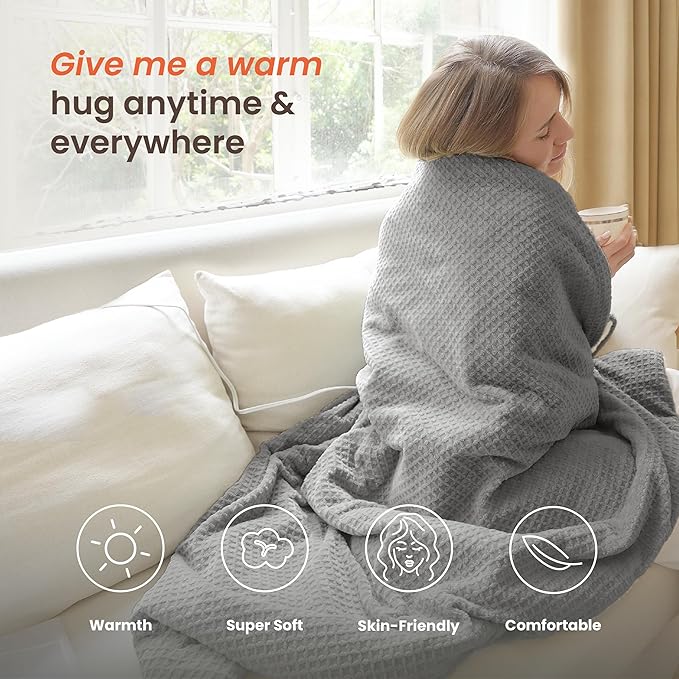 Heated Blanket Electric Throw Waffle, 50x60 Inches Sherpa Fleece Fast Heating