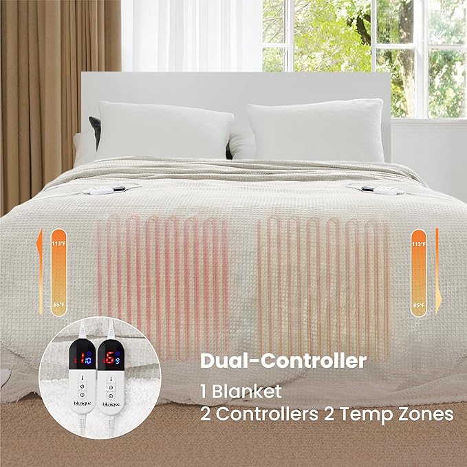 Heated Blanket Electric Blanket Queen Waffle, 84x90 Inches Dual Controllers