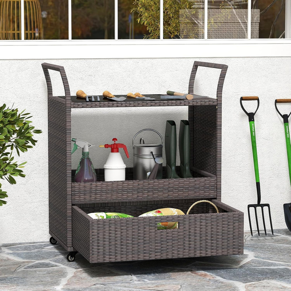 Tangkula Rolling Rattan Bar Cart,Bar Counter Table with Tempered Glass Top