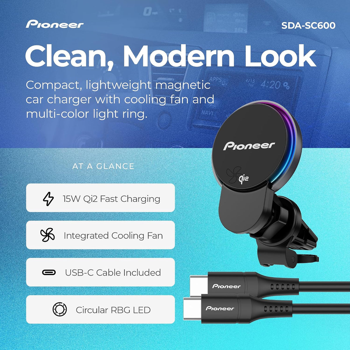 Pioneer Qi2 MagSafe Wireless Car Charger and Phone Mount