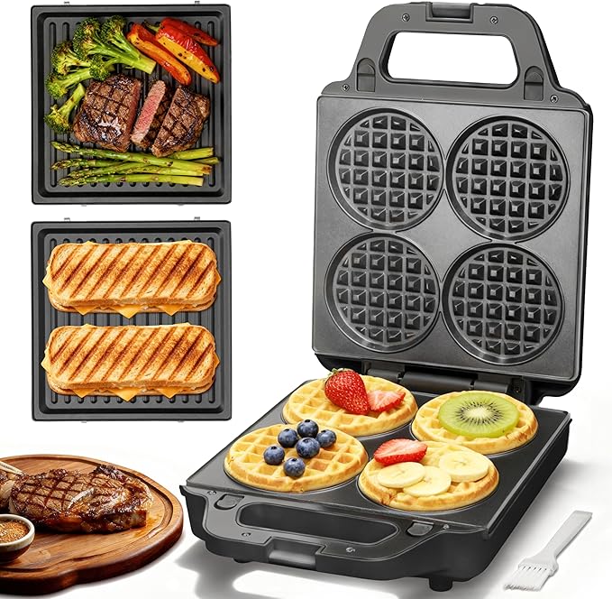 2 in 1 Mini Waffle Maker with Removable Plates, Panini Press Sandwich Maker