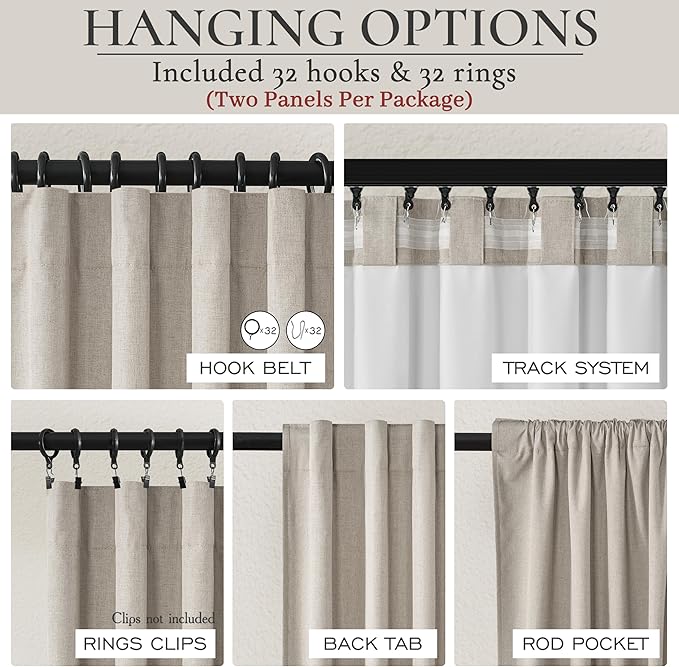 Grey Flax Taupe Hook Belt&Rod Pocket Curtains 84 inch Length 2 Panels Set