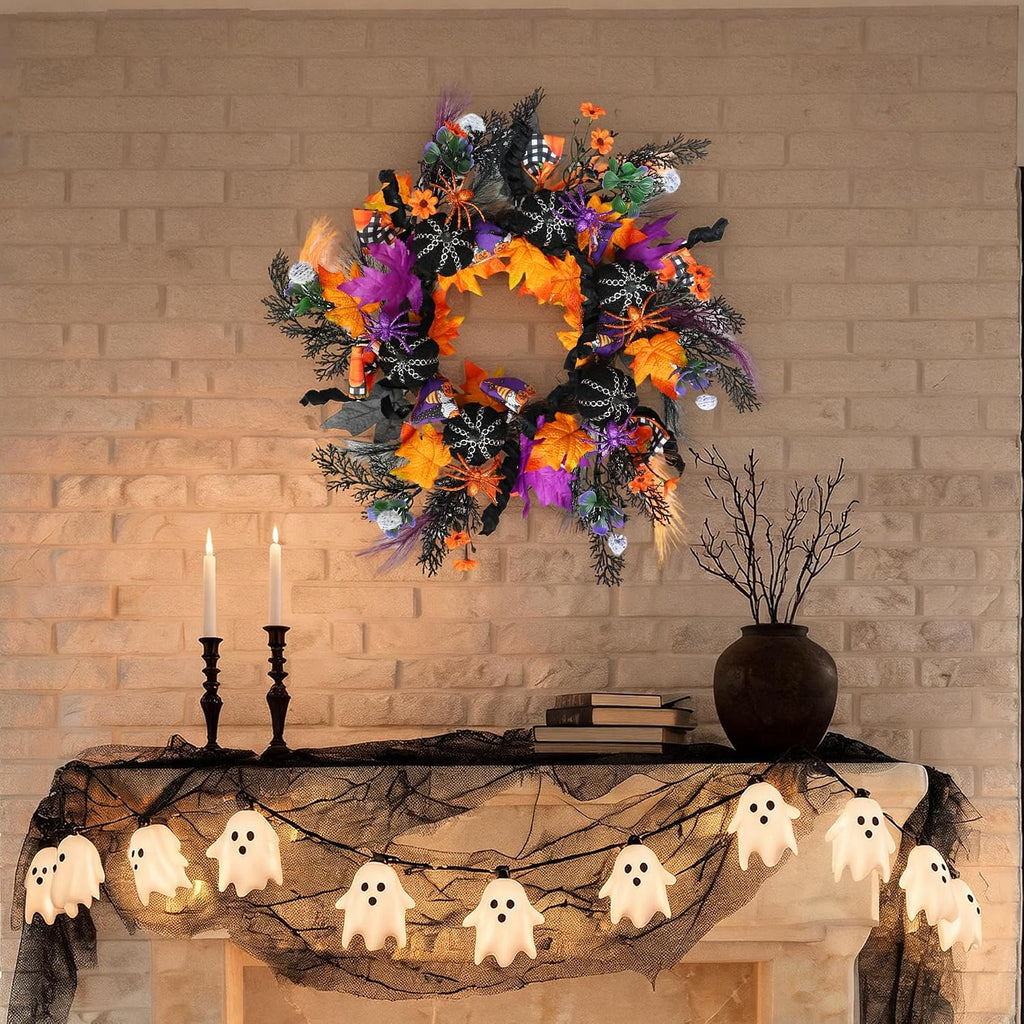 KBREE 22" Halloween Wreath for Front Door, Full Gothic Spooky Autumn Wreath with Black Corduroy Pumpkins, Glitter Orange Purple Spiders & Dark Twigs, Large Halloween Party Decor for Wall Window