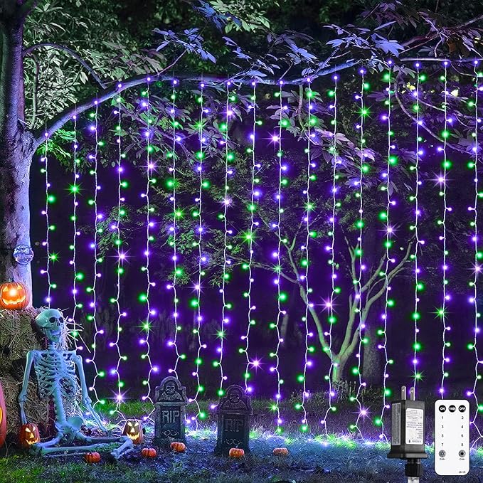 JMEXSUSS 300LED Halloween Curtain Lights with Remote, 9.8x9.8ft Halloween Lights Plug in, Christmas Twinkle Hanging String Light for Bedroom Wall Window Backdrop Indoor Outdoor Decor, Purple and Green